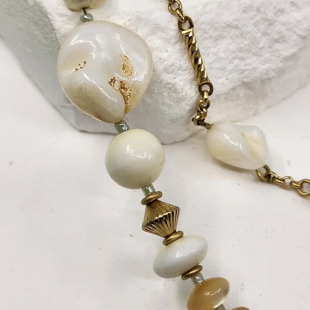 Lia Sophia Cream Beads Faux Pearl Amber & Gold Tone Multi Strand Boho Necklace